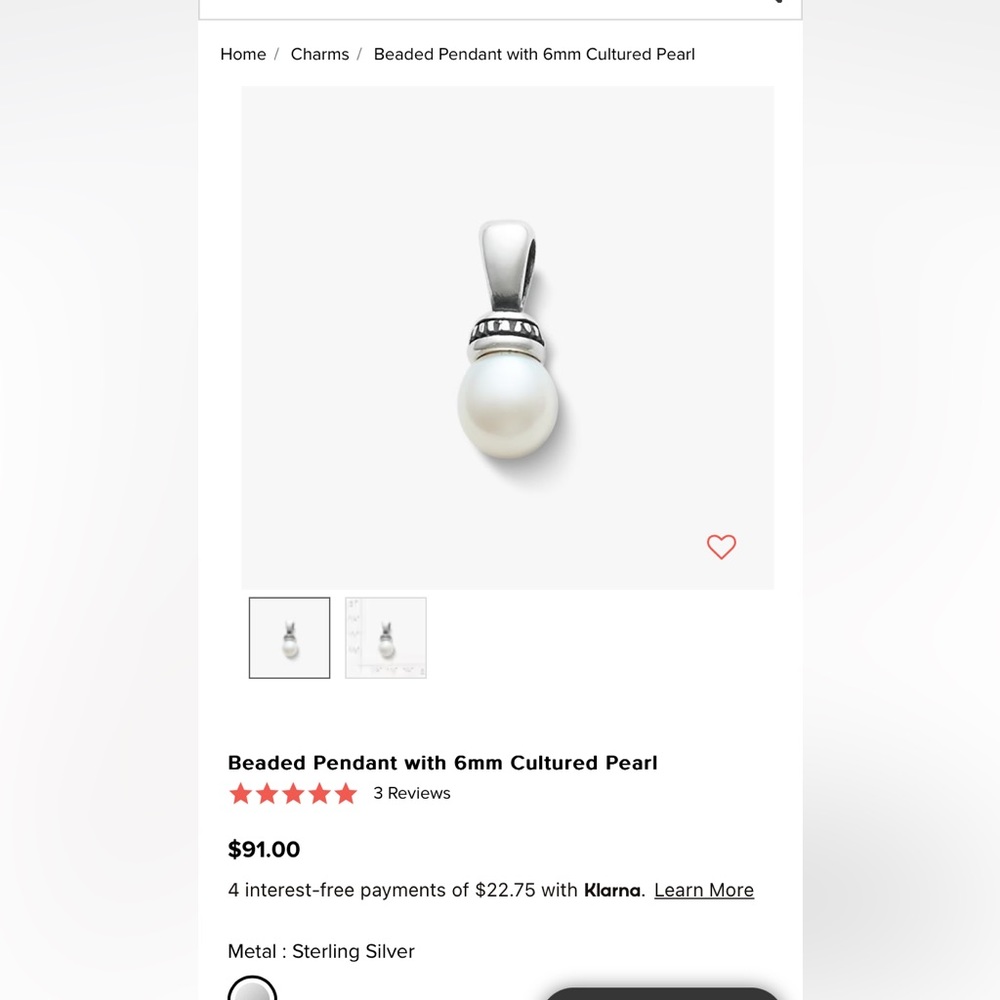James Avery Beaded Pendant with 6mm Cultured Pearl